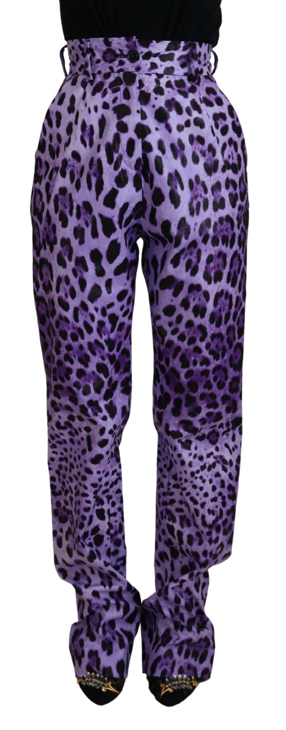 Purple leopard print high waist pants by Dolce & Gabbana, featuring a stylish and bold animal print design.