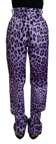 Purple leopard print high waist pants by Dolce & Gabbana, featuring a stylish and bold animal print design.