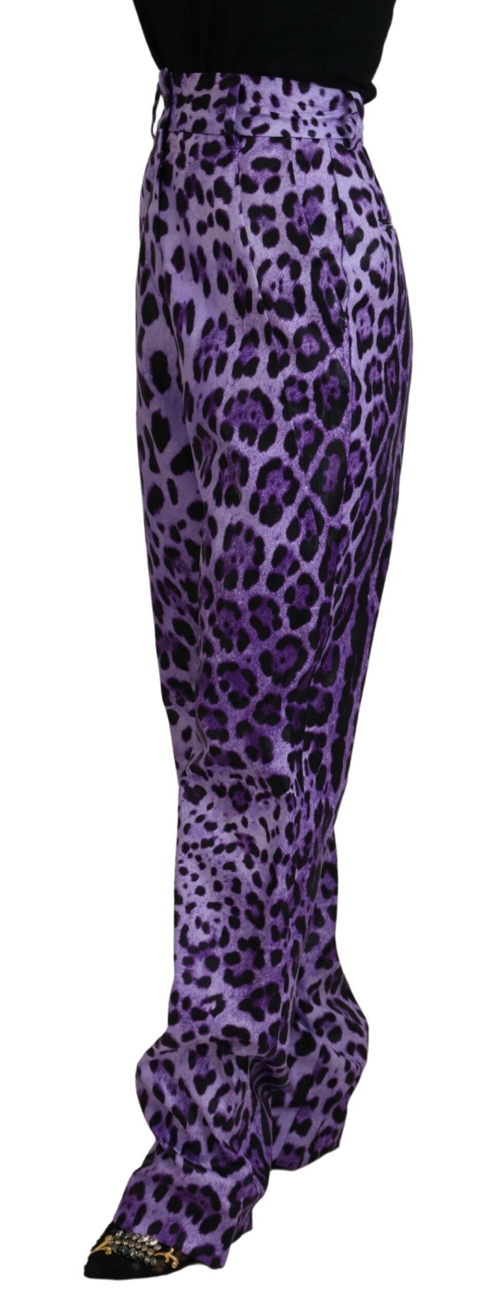 Purple leopard print high waist pants by Dolce & Gabbana, featuring a stylish fit and bold animal pattern.