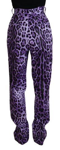 Purple leopard print high waist pants by Dolce & Gabbana, featuring a sleek fit and bold animal print design.