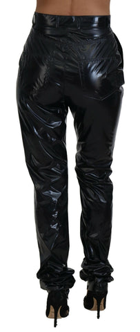 Black nylon high waist skinny pants from Dolce & Gabbana, close-up of fitted style and sleek fabric.