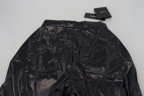 Black nylon high waist skinny pants by Dolce & Gabbana, close-up of fitted design and sleek fabric.
