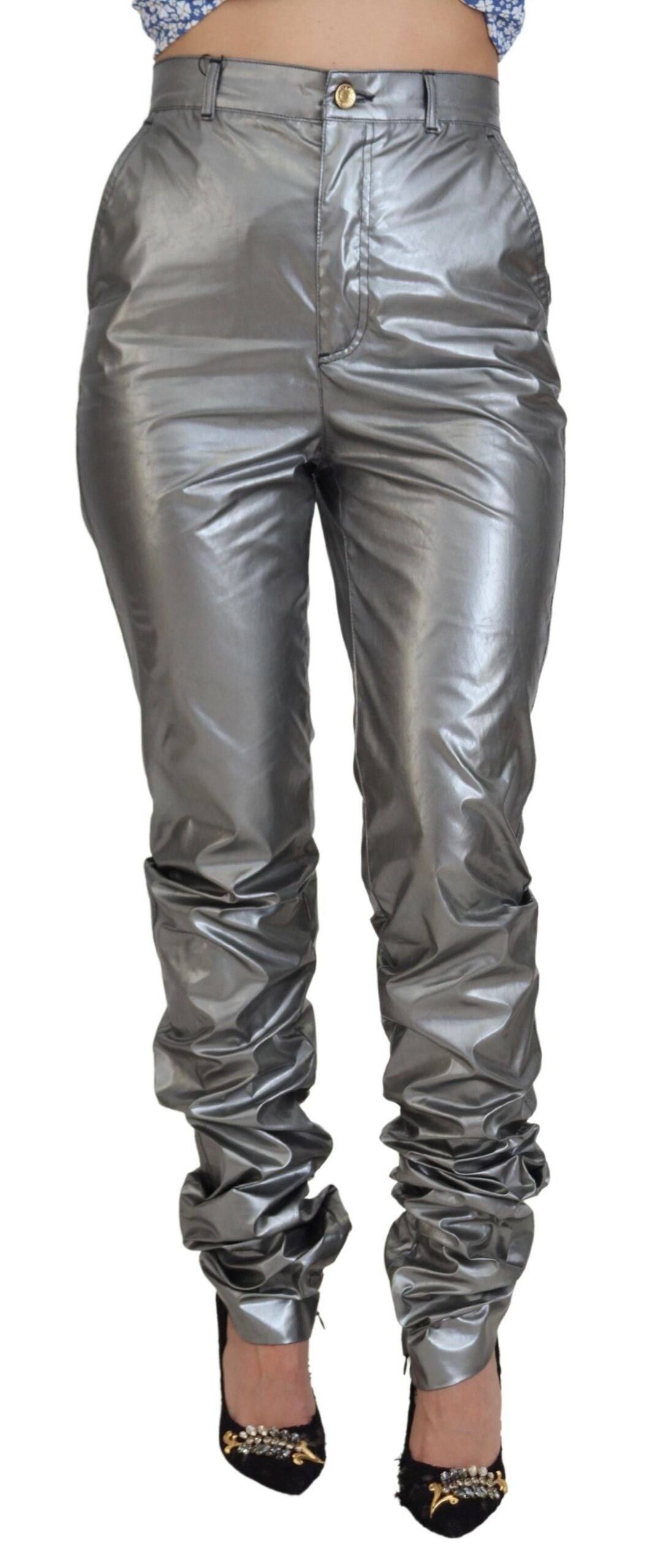 Metallic silver high waist skinny pants by Dolce & Gabbana, showing a close-up of the shiny, fitted style and high waist design.