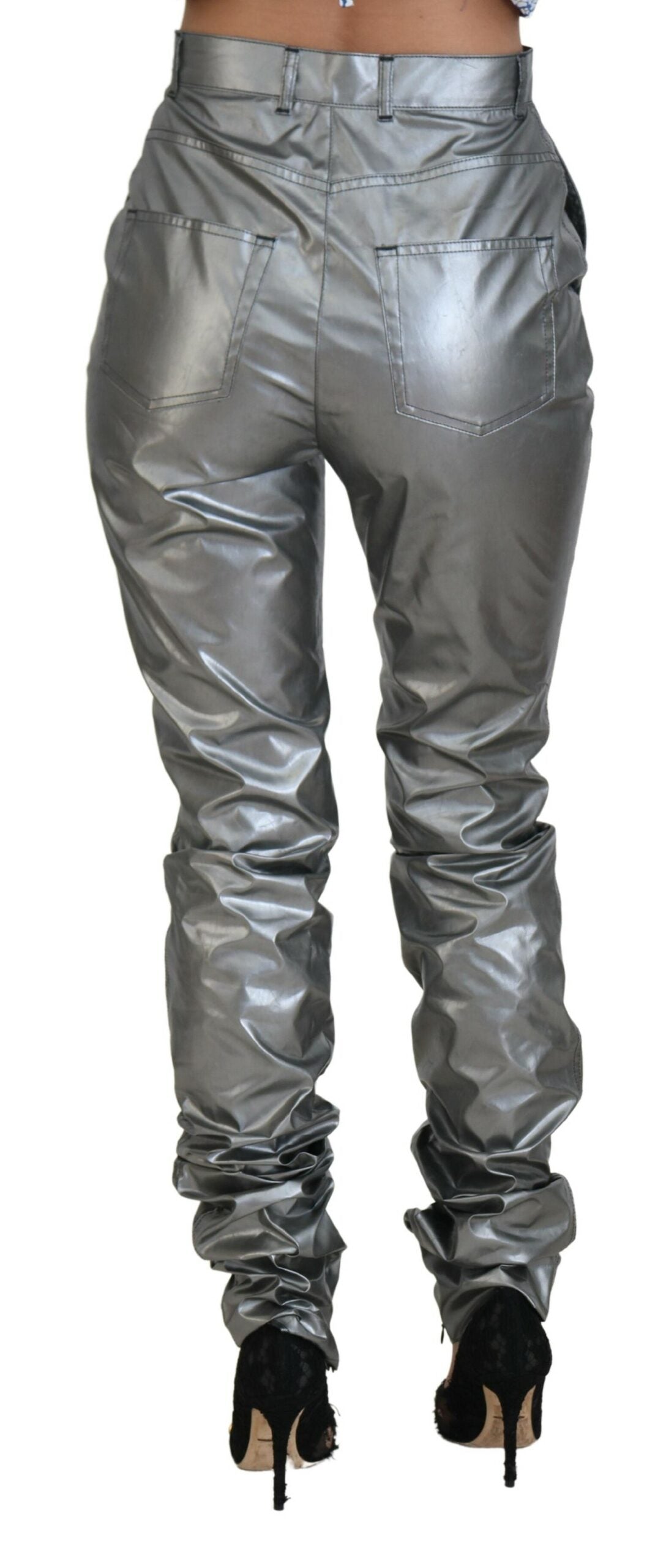 Metallic silver high waist skinny pants by Dolce & Gabbana, shown on a model, with sleek fit and shiny fabric.