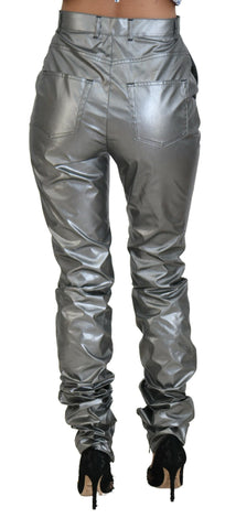 Metallic silver high waist skinny pants by Dolce & Gabbana, shown on a model, with sleek fit and shiny fabric.