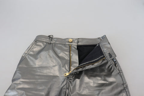 Metallic silver high waist skinny pants by Dolce & Gabbana, showing the shiny, fitted design and high-rise waist.