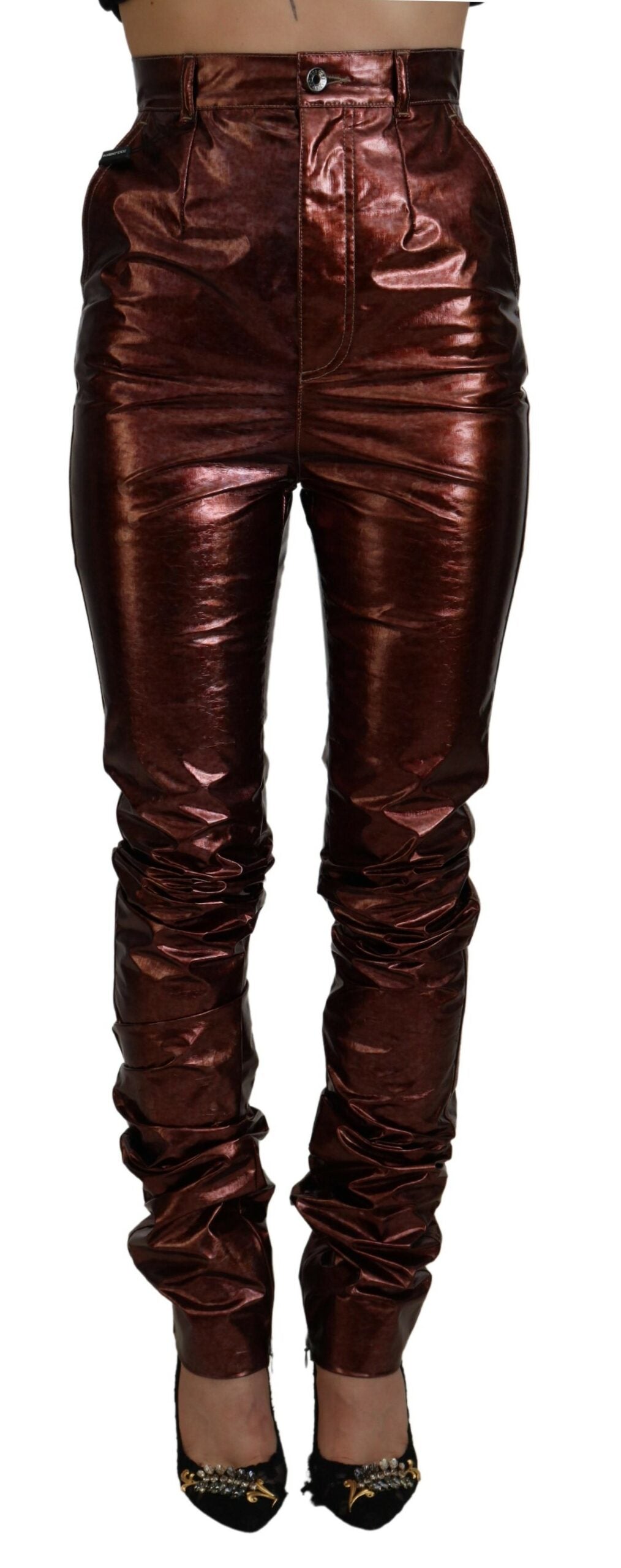 Metallic bronze high waist skinny jeans by Dolce & Gabbana, close-up of the shiny, fitted denim fabric and high-rise waist.