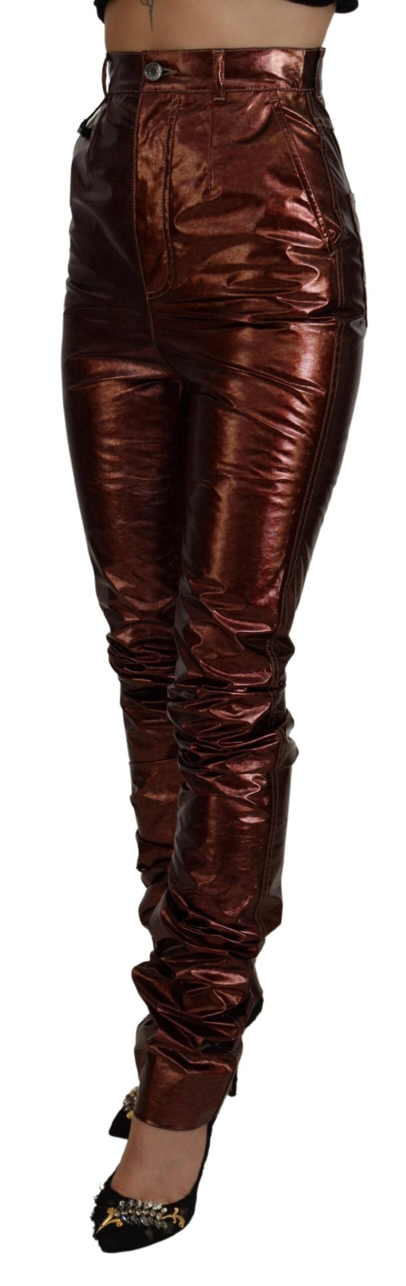 Metallic bronze high waist skinny jeans by Dolce & Gabbana, showing close-up of textured fabric and fitted style.