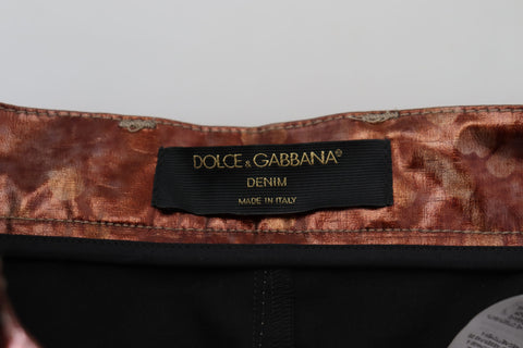 Metallic bronze high waist skinny jeans by Dolce & Gabbana, close-up showing fit and shiny fabric detail.