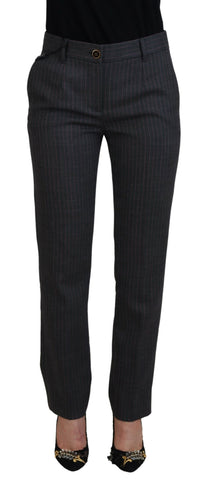 Gray striped wool tapered women's pants by Dolce & Gabbana, showing a close-up of the fabric and tailored fit.