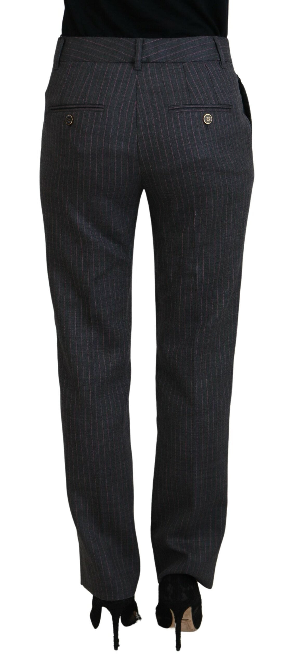 Gray striped wool tapered women's pants by Dolce & Gabbana, featuring a high waist and tailored fit.