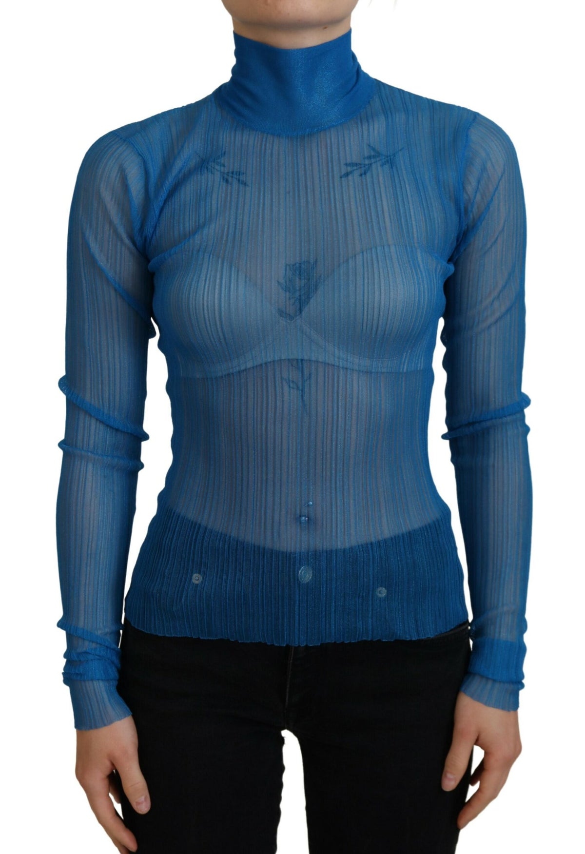 Blue mesh turtleneck long sleeve blouse top by Dolce & Gabbana, featuring a fitted design and sheer fabric.