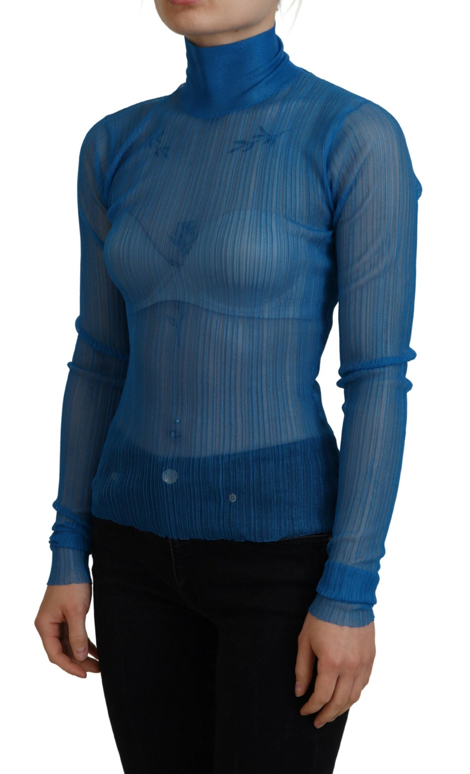 Blue mesh turtleneck long sleeve blouse top by Dolce & Gabbana, featuring a fitted design and sheer fabric.