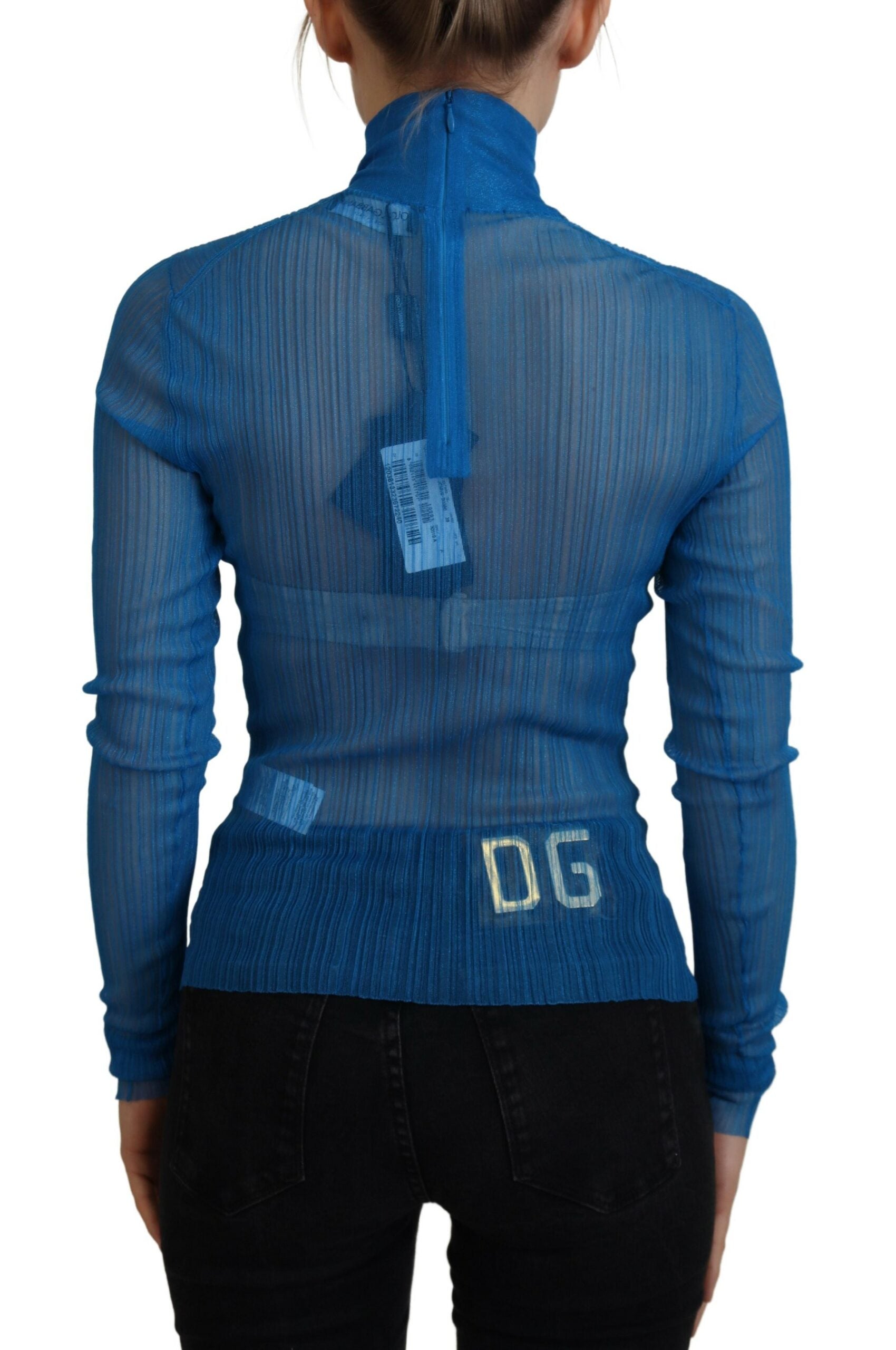 Blue mesh turtleneck long sleeve blouse top by Dolce & Gabbana, featuring sheer fabric and fitted design.