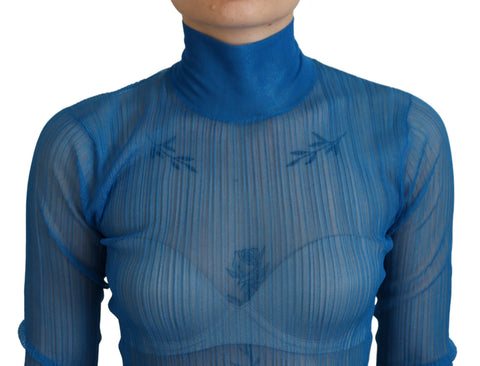 Blue mesh turtleneck long sleeve blouse top by Dolce & Gabbana, featuring a fitted design and stylish sheer fabric.
