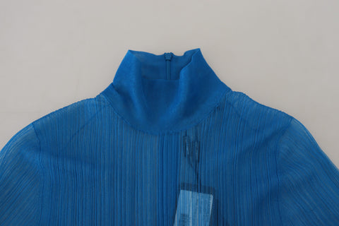 Blue mesh turtleneck long sleeve blouse top by Dolce & Gabbana, featuring a fitted design and stylish ribbed texture.