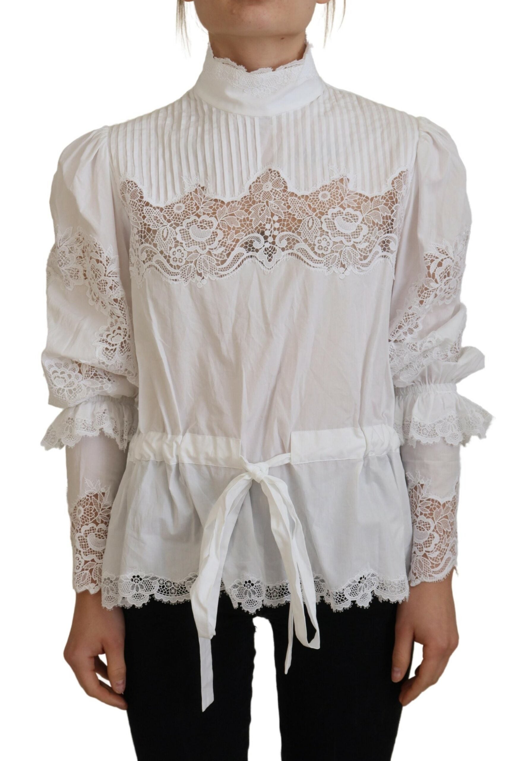 White cotton blouse with lace trim and turtle neck from Dolce & Gabbana, featuring long sleeves and elegant design.