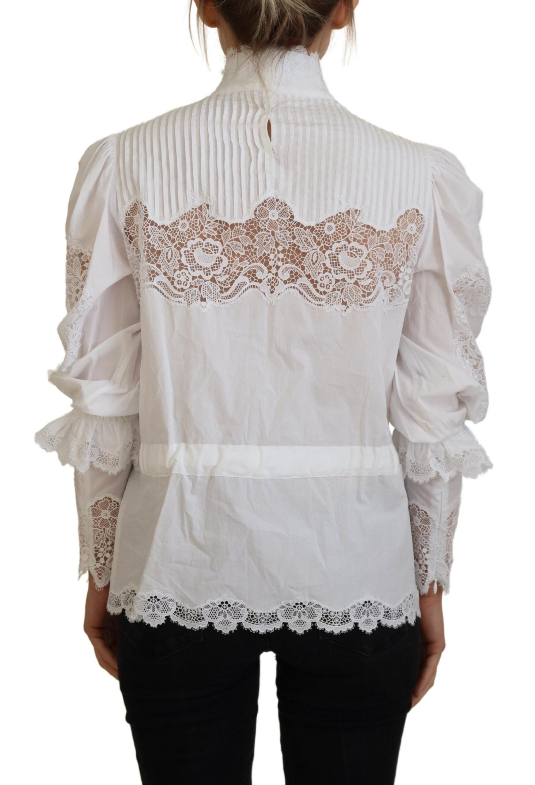 White cotton lace trim turtle neck blouse top by Dolce & Gabbana, showcasing a elegant high neckline and delicate lace detailing.