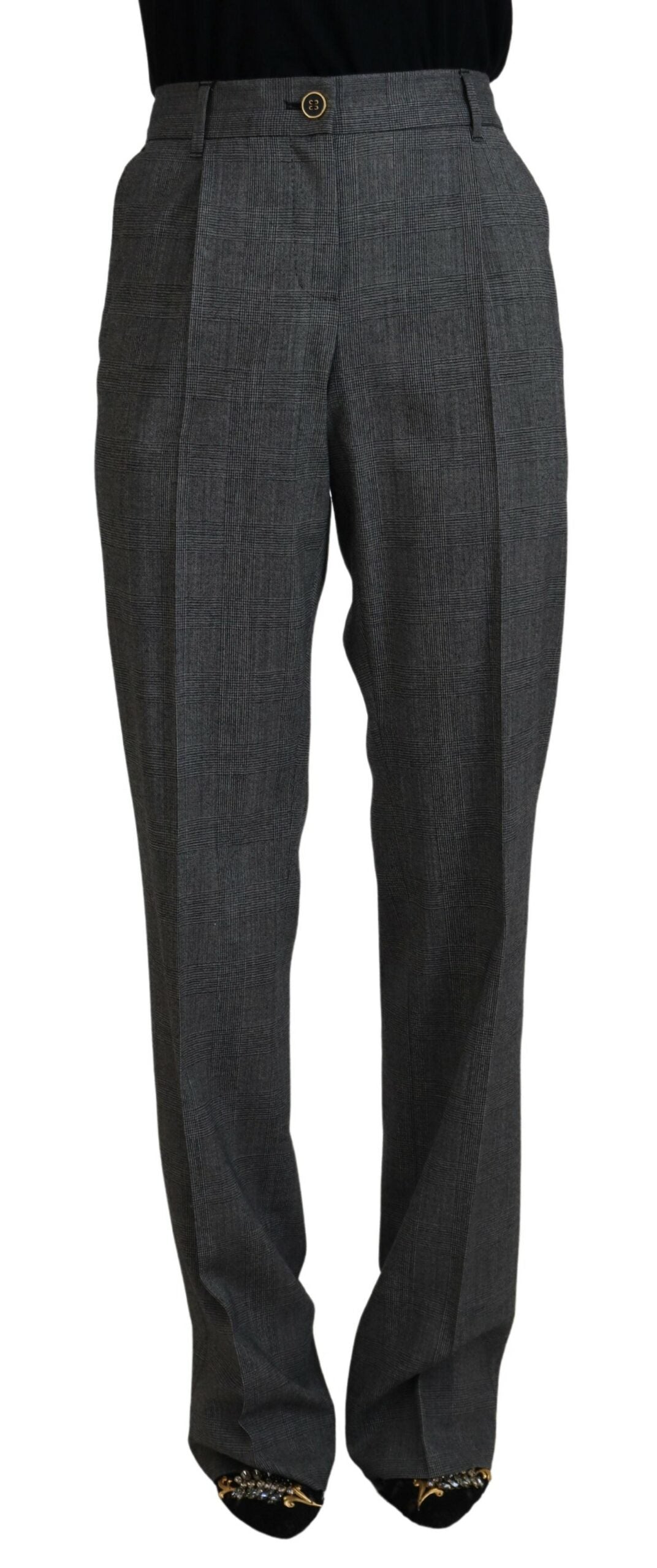 Gray high-waist wool pants for women by Dolce & Gabbana, front view showing tailored fit and smooth fabric.