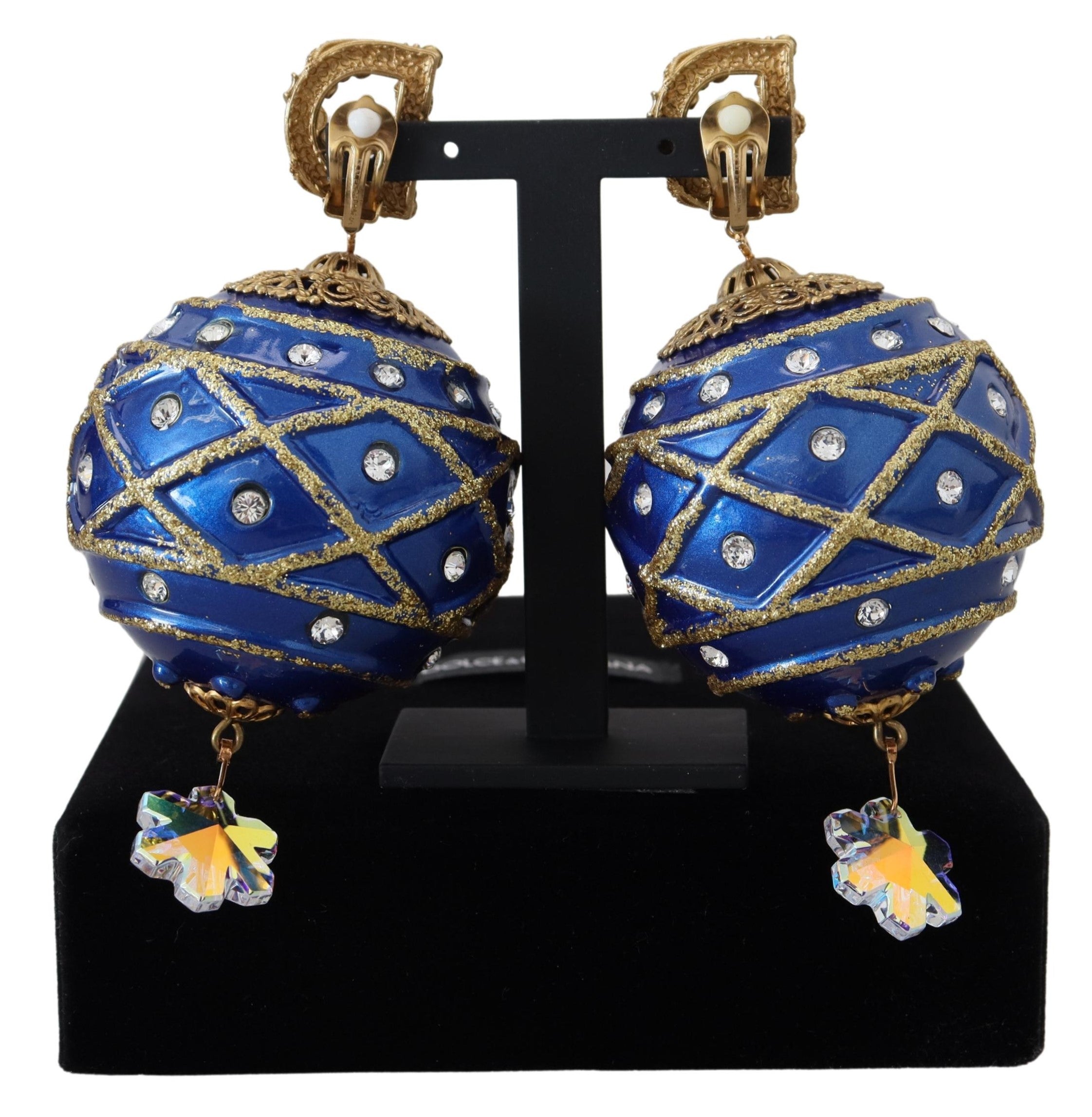 Gold brass and blue dangle clip-on earrings with ball and crystal details from Dolce & Gabbana.