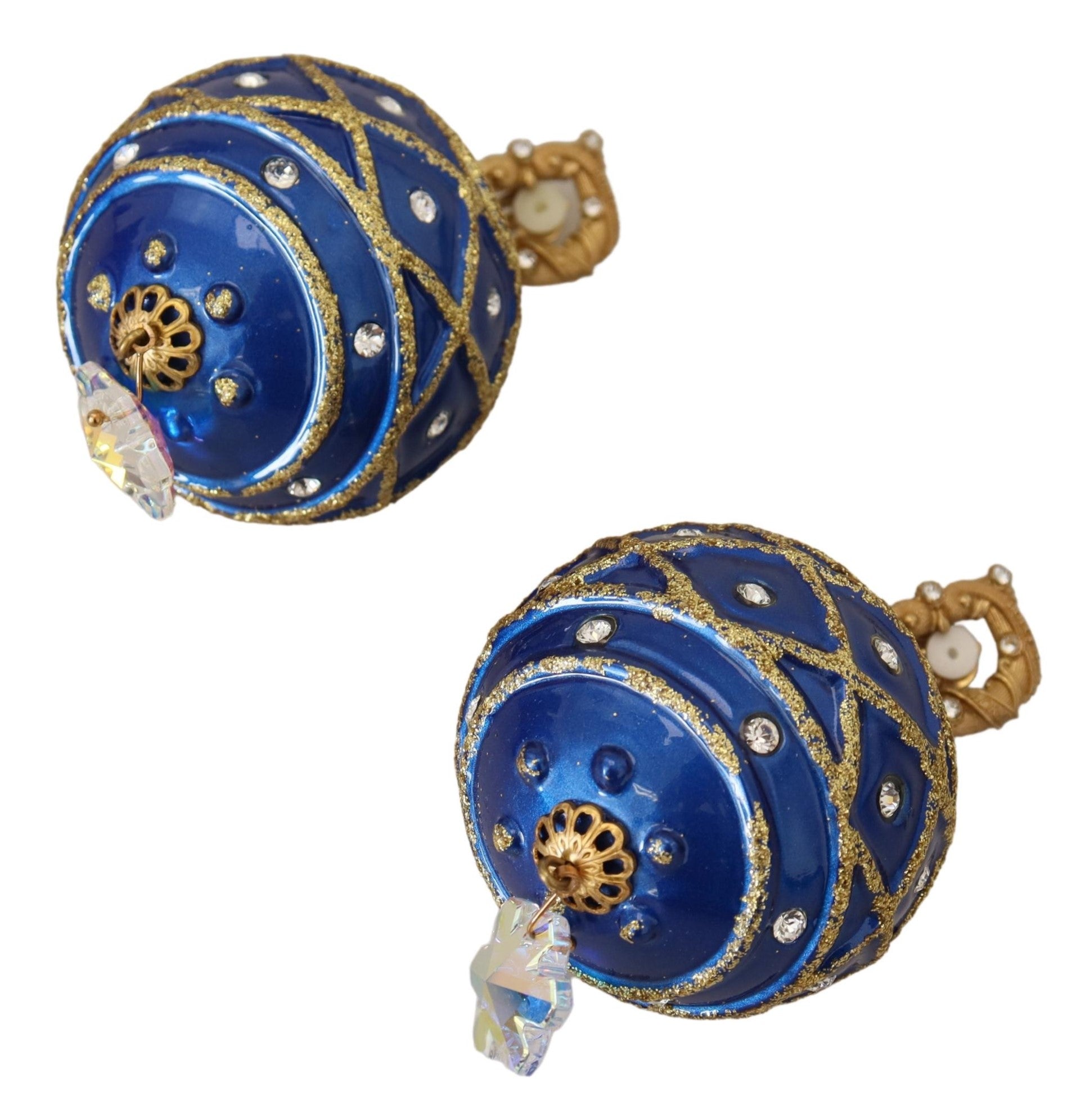 Gold brass blue dangle ball crystal clip-on earrings by Dolce & Gabbana with sparkling crystal accents and elegant design