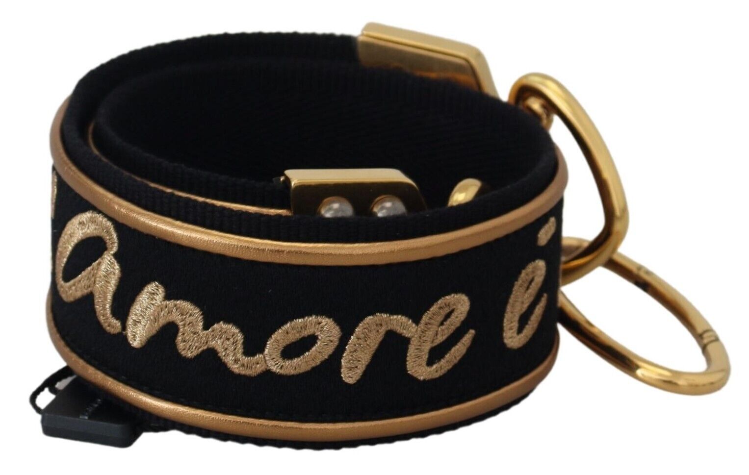 Black and gold logo print brass shoulder strap for bags by Dolce & Gabbana, with adjustable hardware and stylish design.