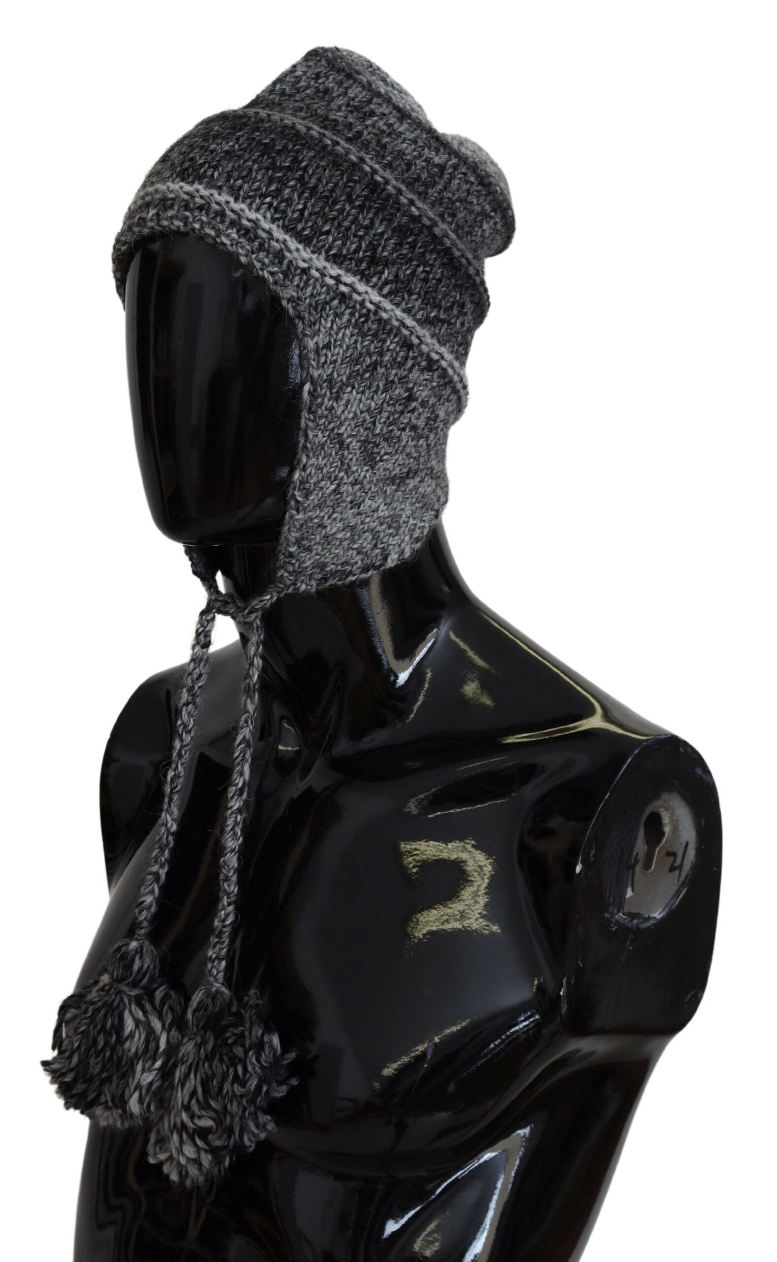 Gray warm fleece ear flap knit beanie hat by Dolce & Gabbana with cozy ear coverage and ribbed knit texture.
