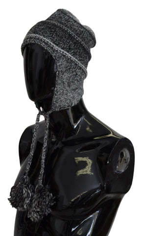 Gray warm fleece ear flap knit beanie hat by Dolce & Gabbana with cozy ear coverage and ribbed knit texture.