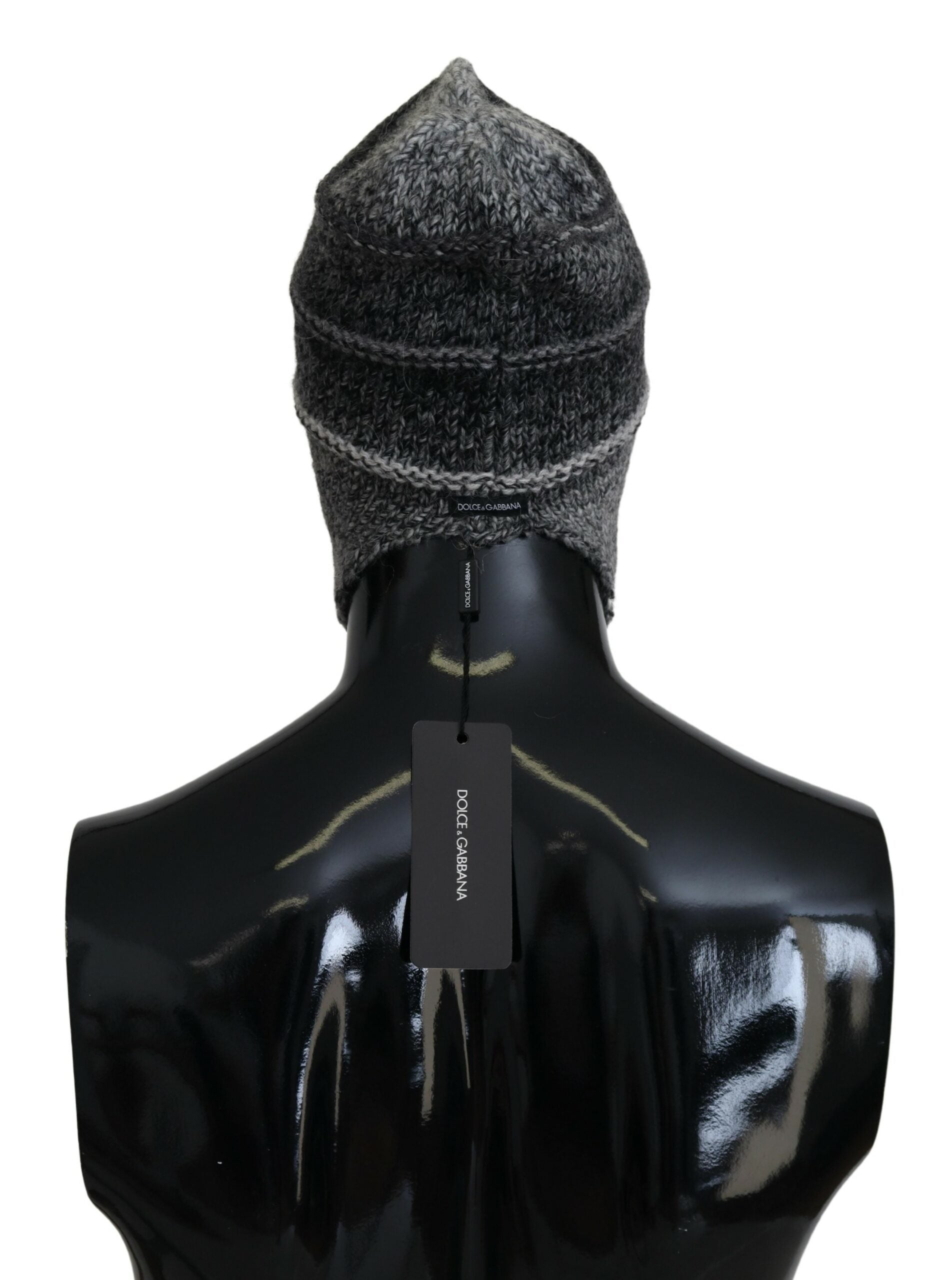 Gray Dolce & Gabbana fleece ear flap knit beanie hat with warm fleece lining and cozy knit design.