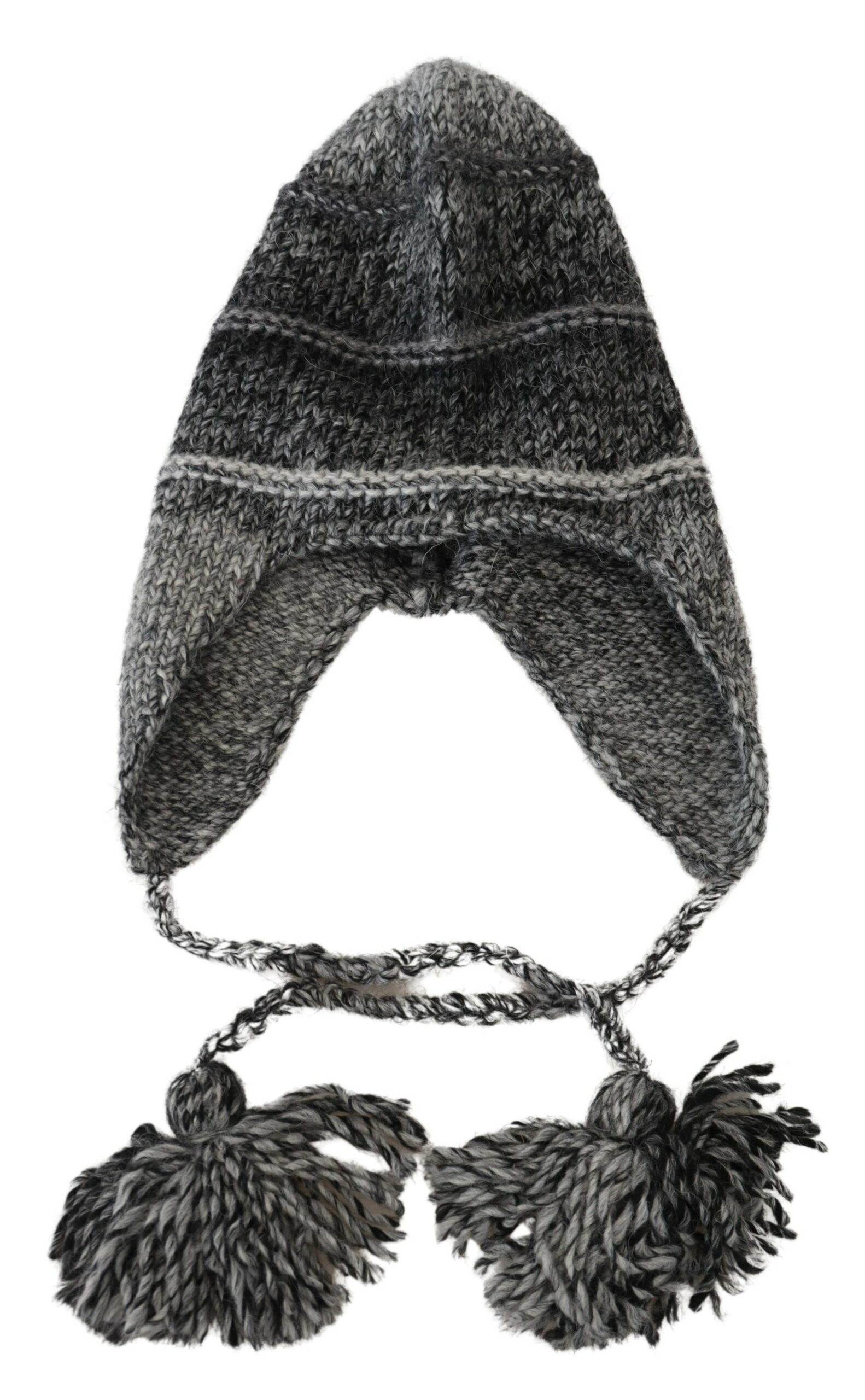 Gray warm fleece ear flap knit beanie hat by Dolce & Gabbana with cozy fleece lining and stylish knit design.