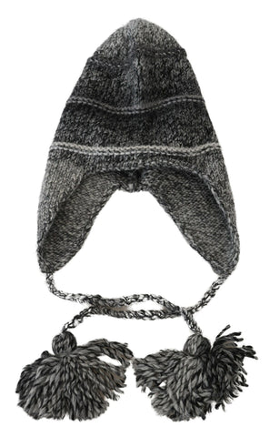 Gray warm fleece ear flap knit beanie hat by Dolce & Gabbana with cozy fleece lining and stylish knit design.