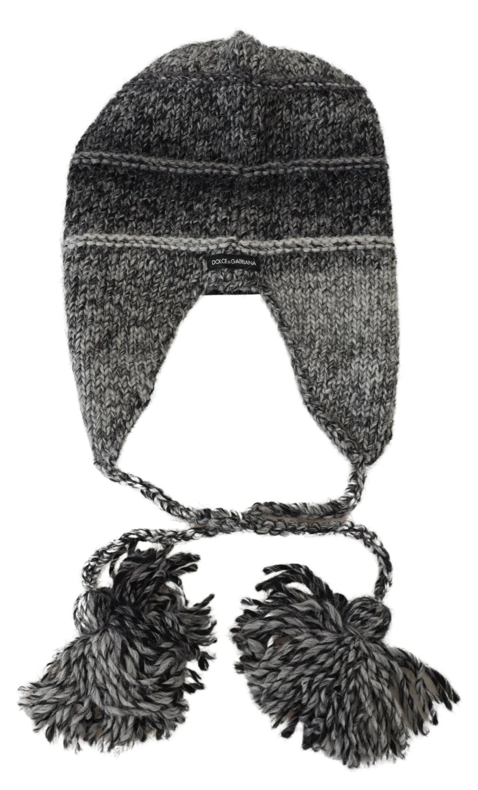 Gray Dolce & Gabbana fleece ear flap knit beanie hat with warm lining and cozy knit design.