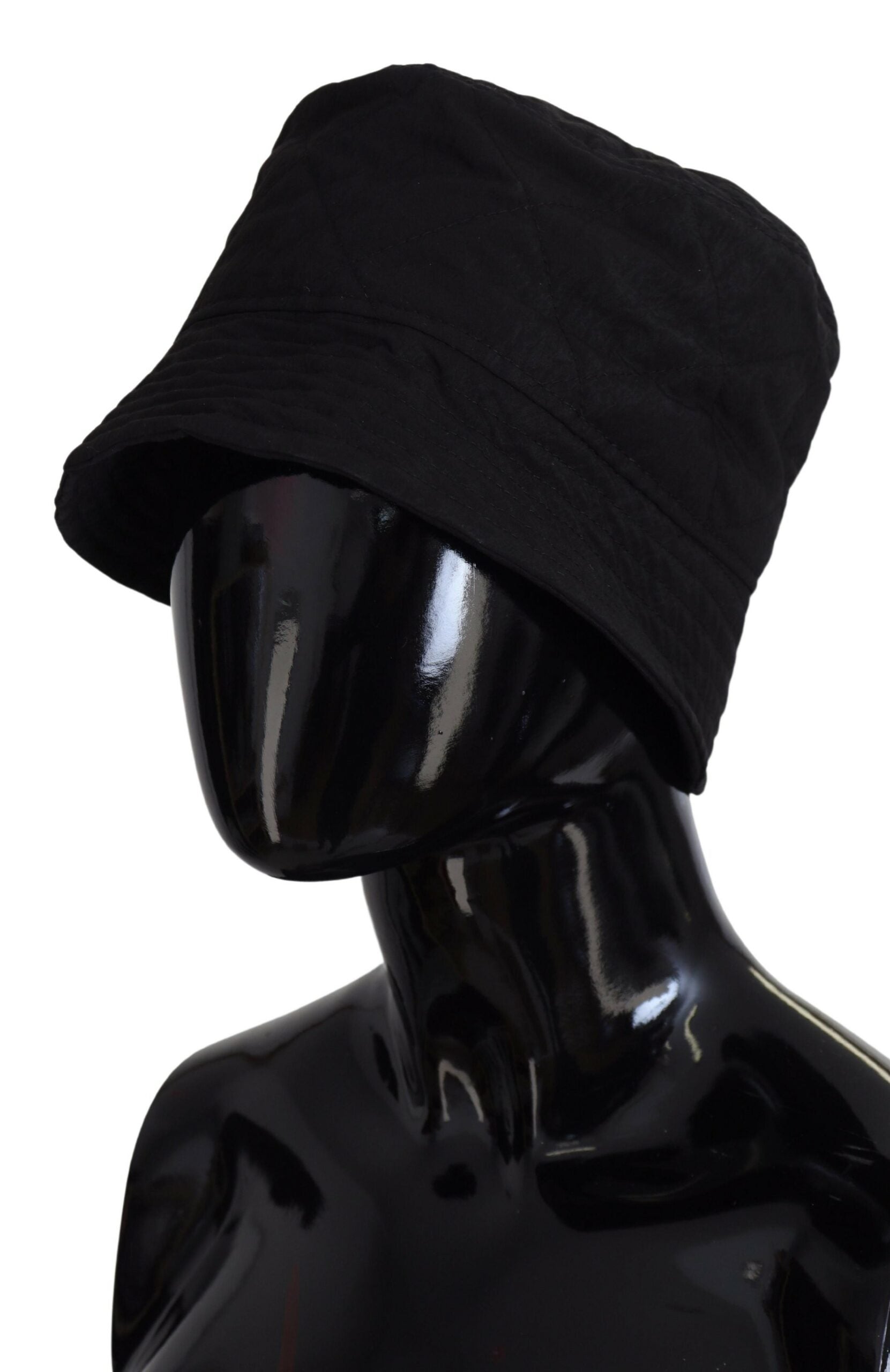 Black nylon women’s bucket cap hat by Dolce & Gabbana, featuring a stylish wide-brim design and casual fashion look.