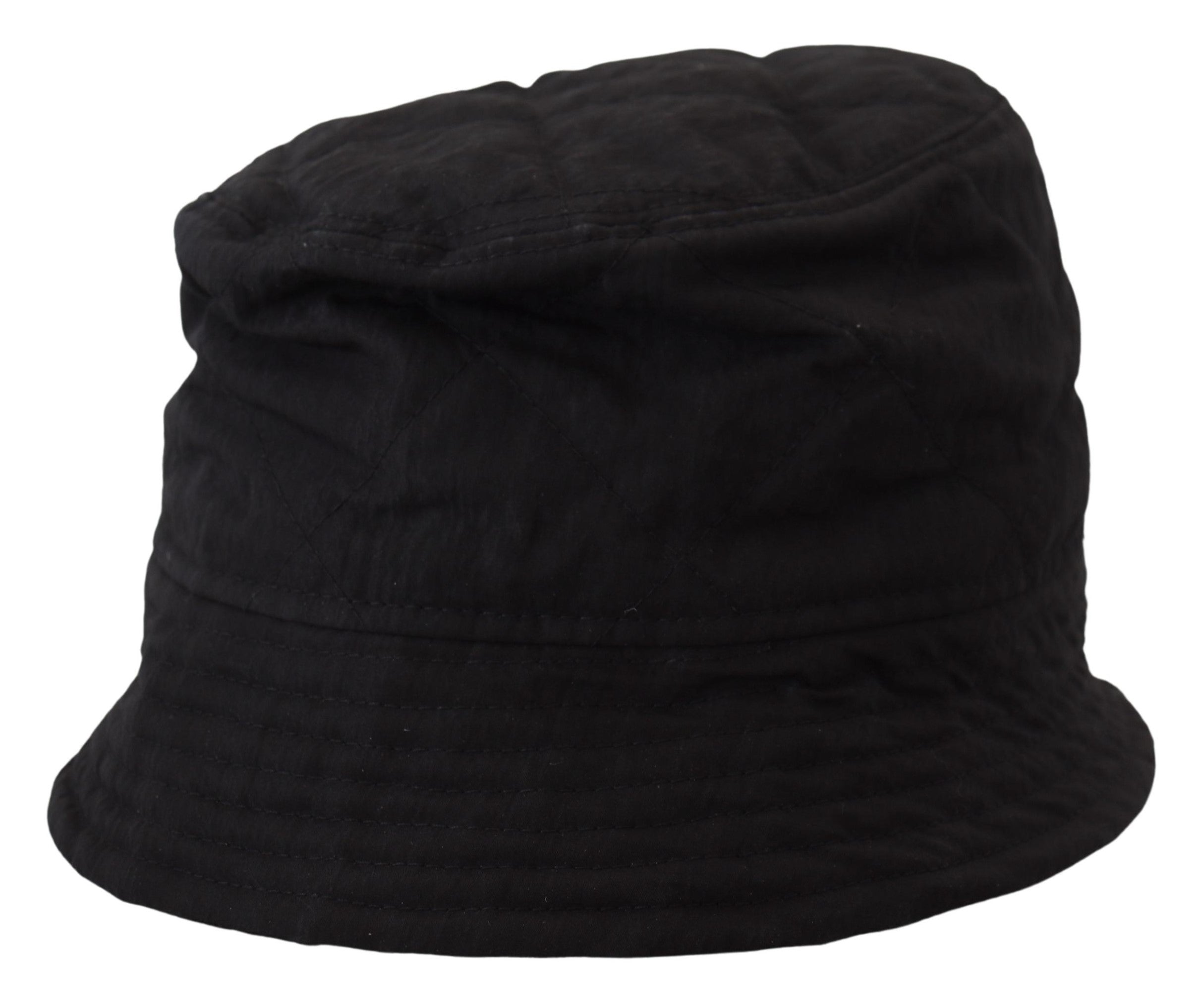 Black nylon women’s bucket cap hat by Dolce & Gabbana, shown from a side view with a wide brim and stylish design.