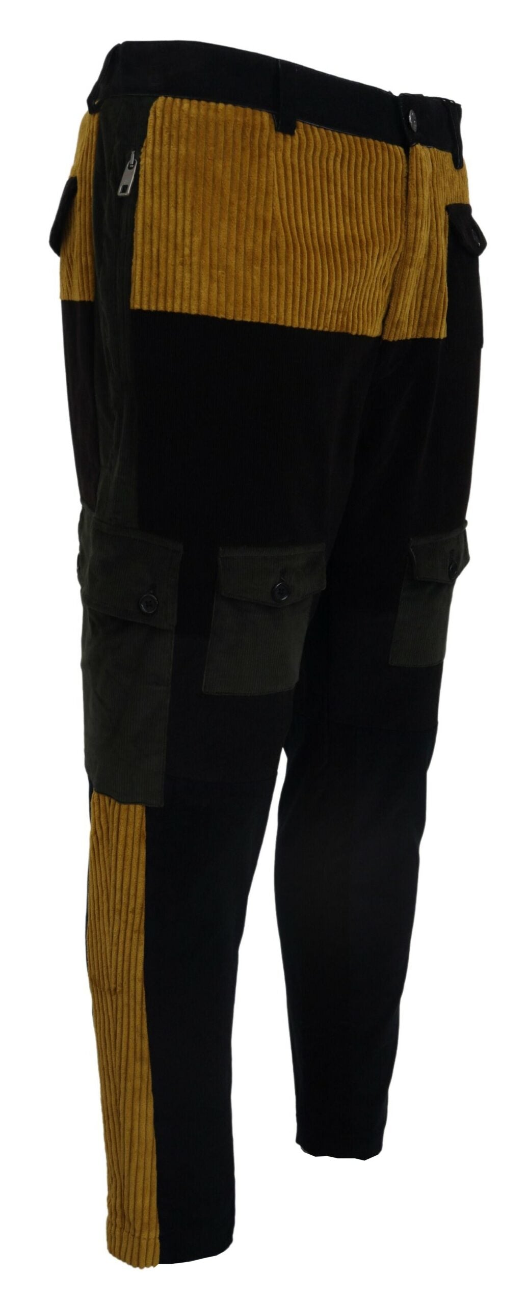 Black and yellow cotton men's pants by Dolce & Gabbana, showing the relaxed fit and stylish design.