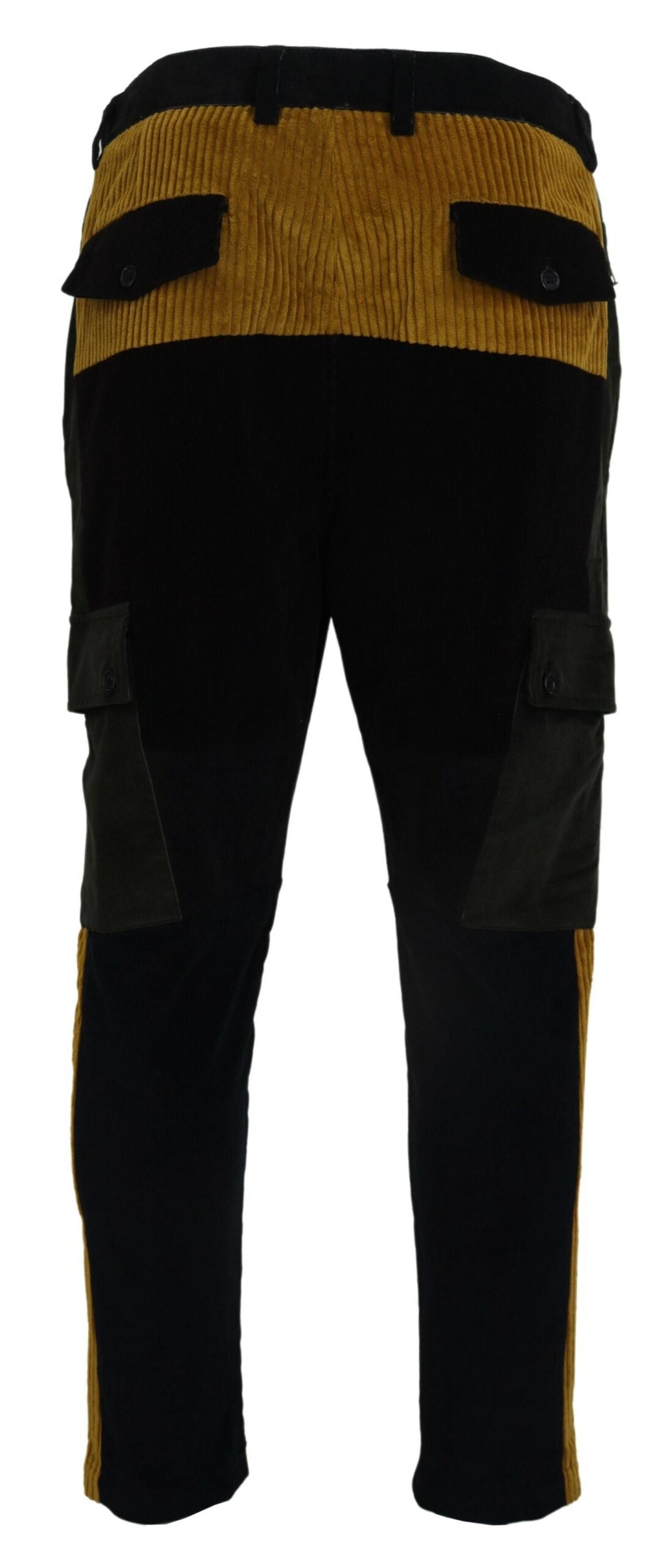 Black and yellow cotton men's pants by Dolce & Gabbana displayed on a hanger.