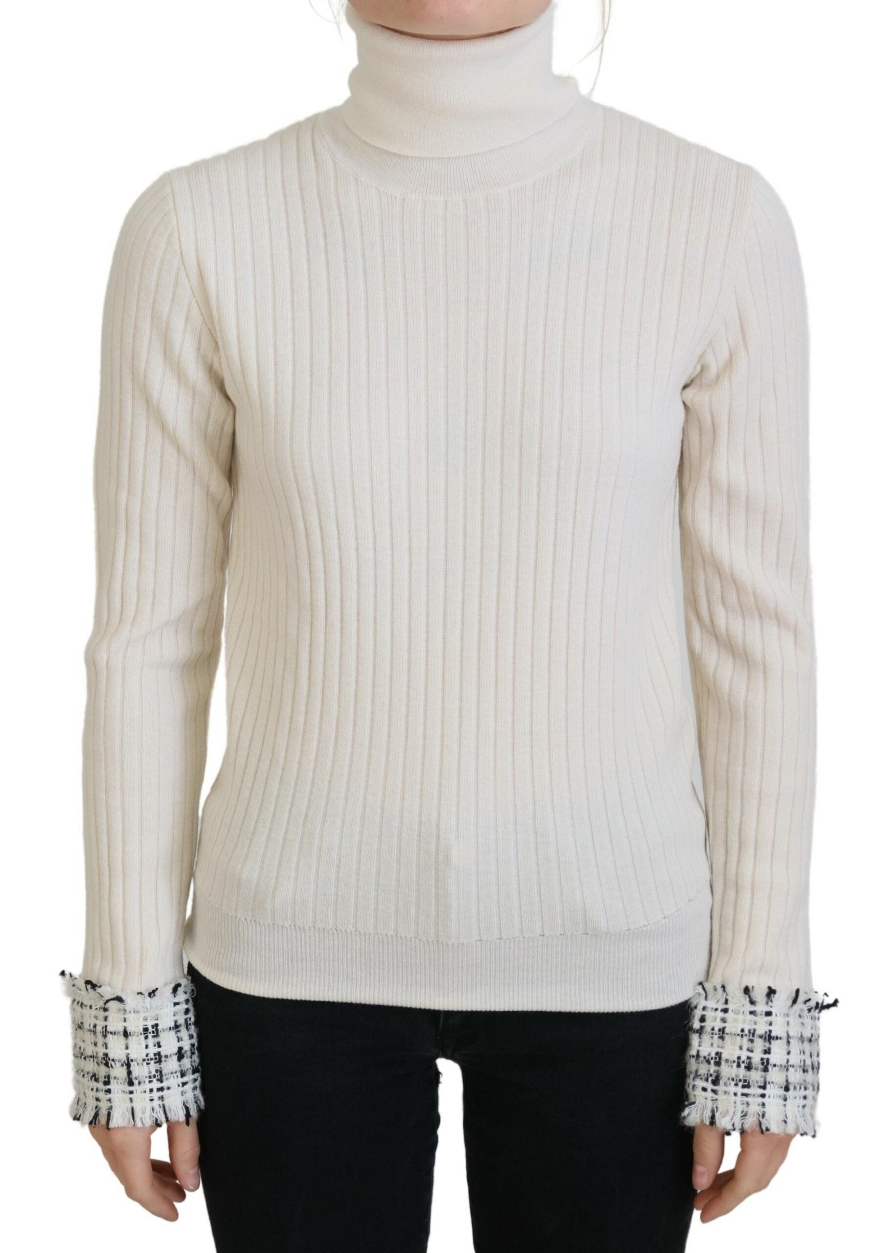 Ivory Dolce & Gabbana turtleneck sweater with distressed cuffs, cozy knit pullover for stylish winter wear.