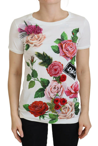 White short sleeve top with Dolce & Gabbana DGLogo floral print featuring a white rose design.