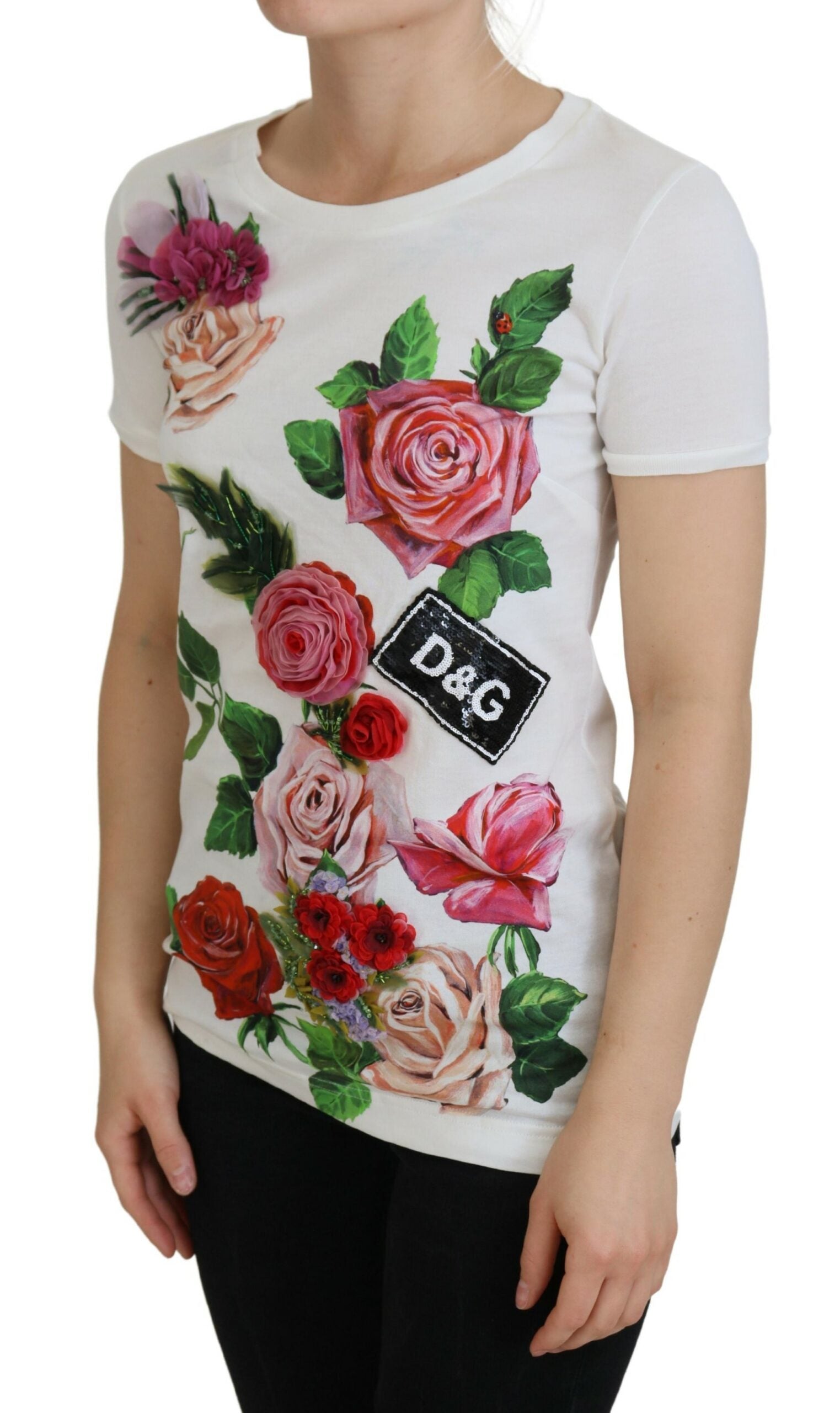 White Dolce & Gabbana short sleeve top with rose DG logo print, casual and stylish for everyday wear.