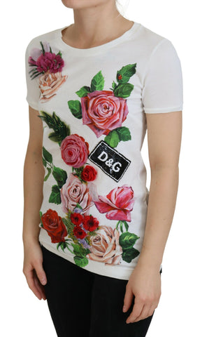White Dolce & Gabbana short sleeve top with rose DG logo print, casual and stylish for everyday wear.
