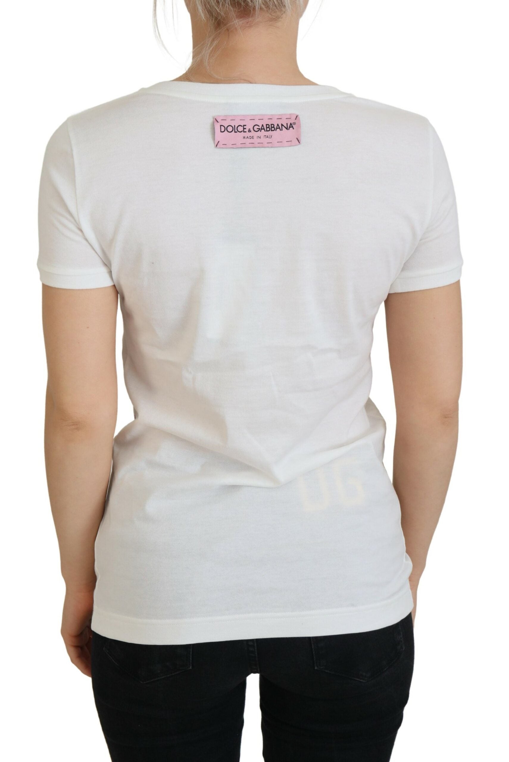 White Dolce & Gabbana short sleeve top with rose DGLogo print, casual and stylish women’s clothing.