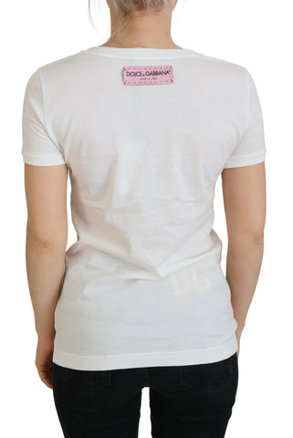 White Dolce & Gabbana short sleeve top with rose DGLogo print, casual and stylish women’s clothing.