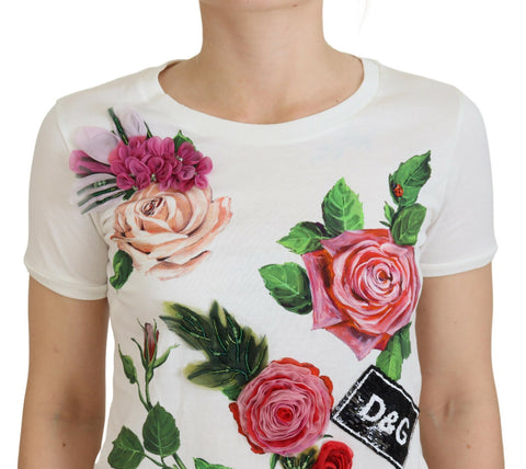 White short sleeve top with Dolce & Gabbana DGLogo print and white rose design, stylish and casual for everyday wear.