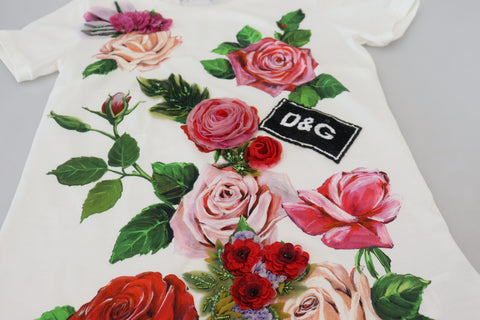 White Dolce & Gabbana short sleeve top with rose DGLogo print, casual fashion blouse with floral design.