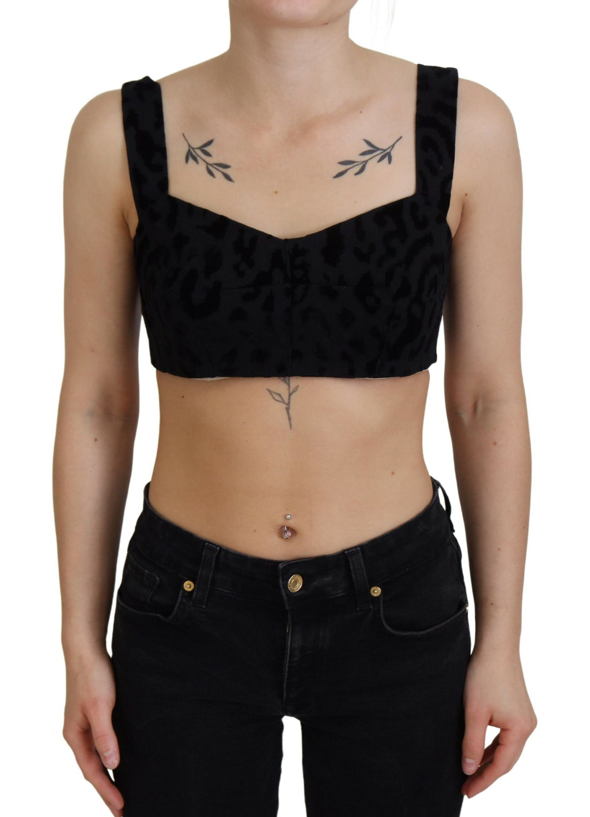 Black leopard print Dolce & Gabbana cropped bustier corset bra top with structured design and adjustable straps.