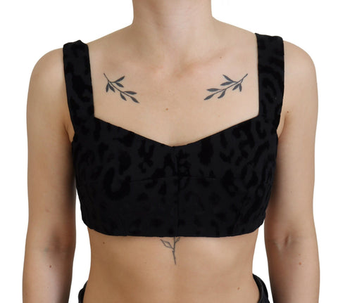 Black leopard print cropped bustier corset bra top by Dolce & Gabbana, with structured fit and floral detailing.
