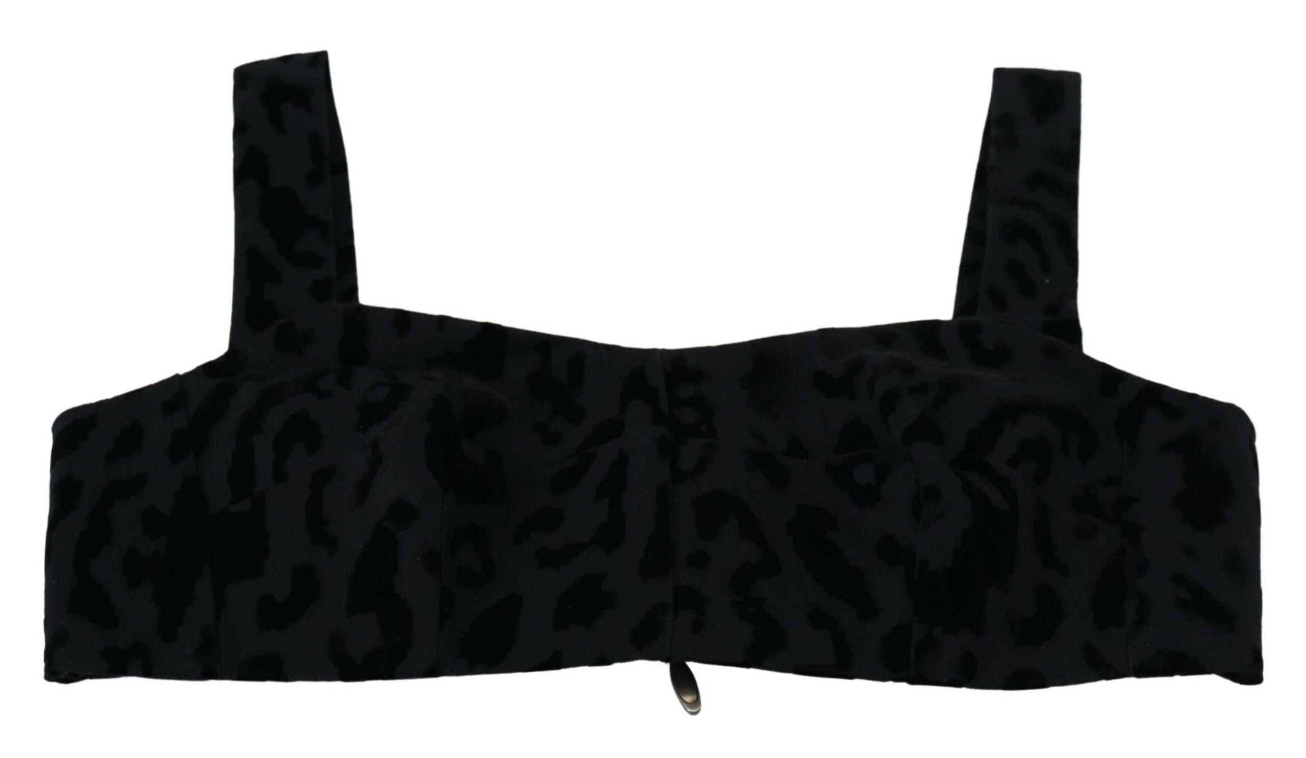 Black leopard print cropped bustier corset bra top by Dolce & Gabbana, featuring structured design and adjustable straps.