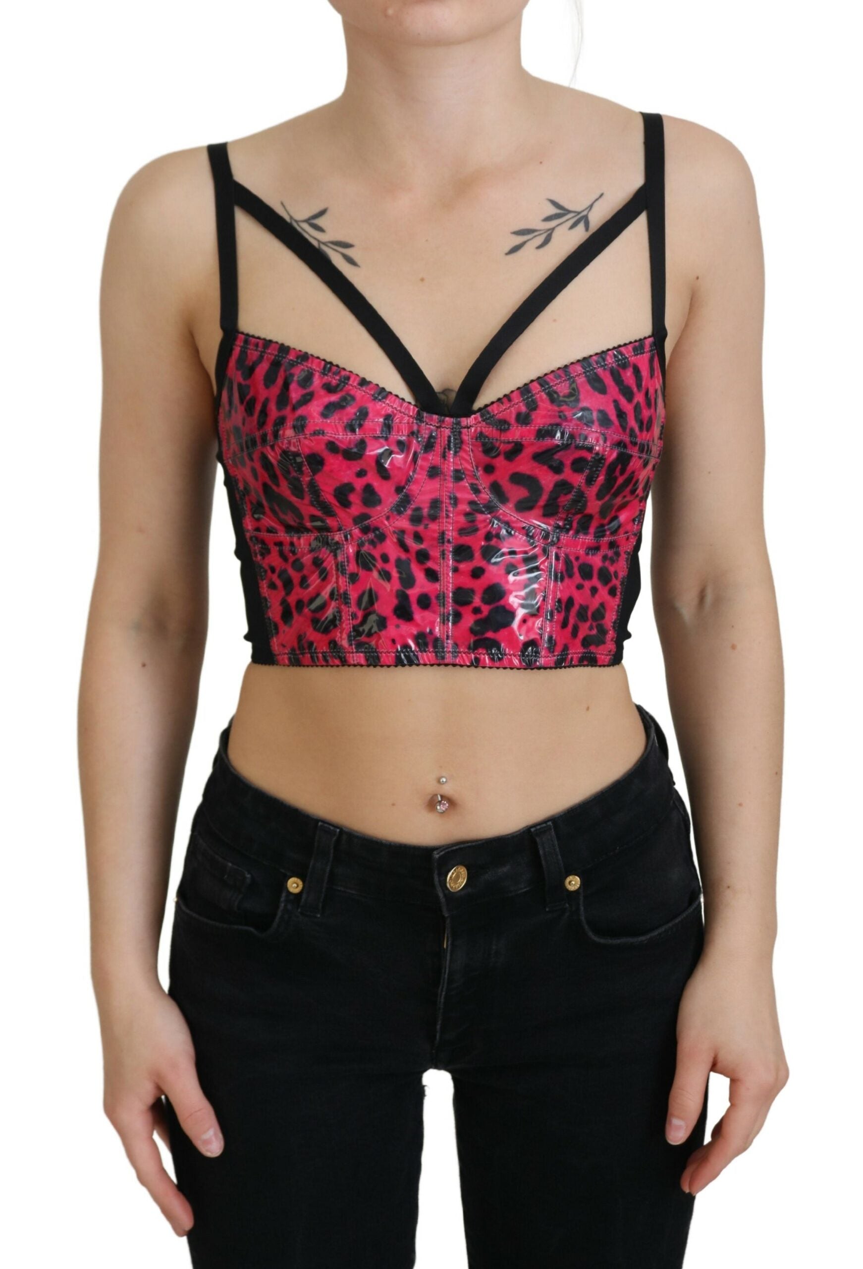 Pink leopard print cropped bustier corset top by Dolce & Gabbana, featuring structured design and floral details.