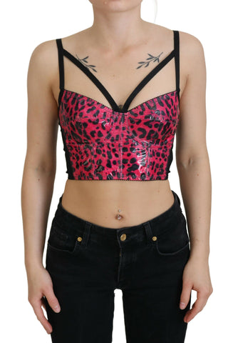 Pink leopard print cropped bustier corset top by Dolce & Gabbana, featuring structured design and floral details.