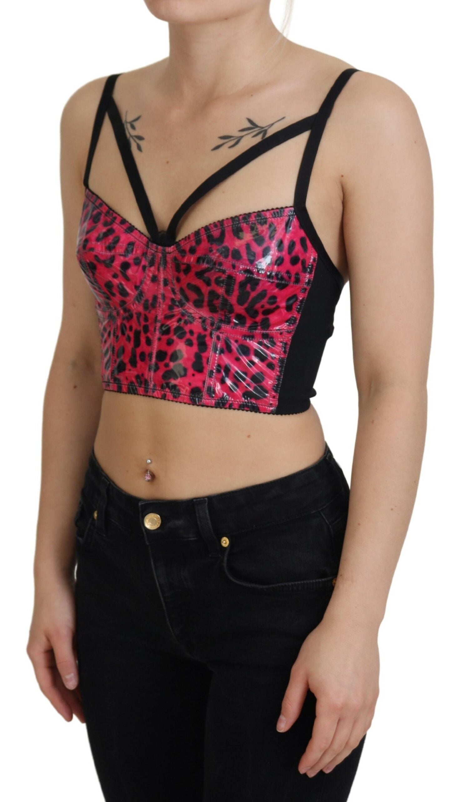 Pink leopard print cropped bustier corset top by Dolce & Gabbana, featuring a fitted design and bold animal print pattern.